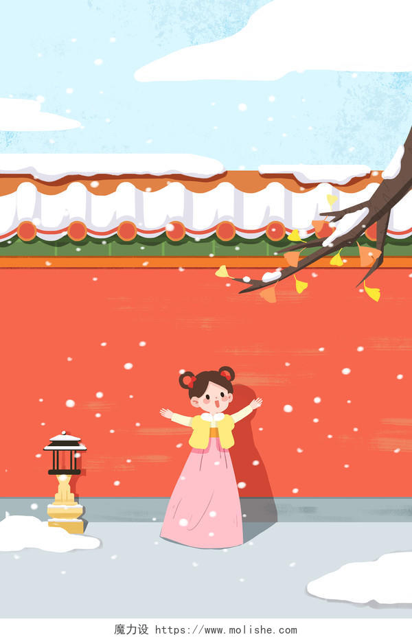立冬元素卡通立冬赏雪的女孩背景海报素材